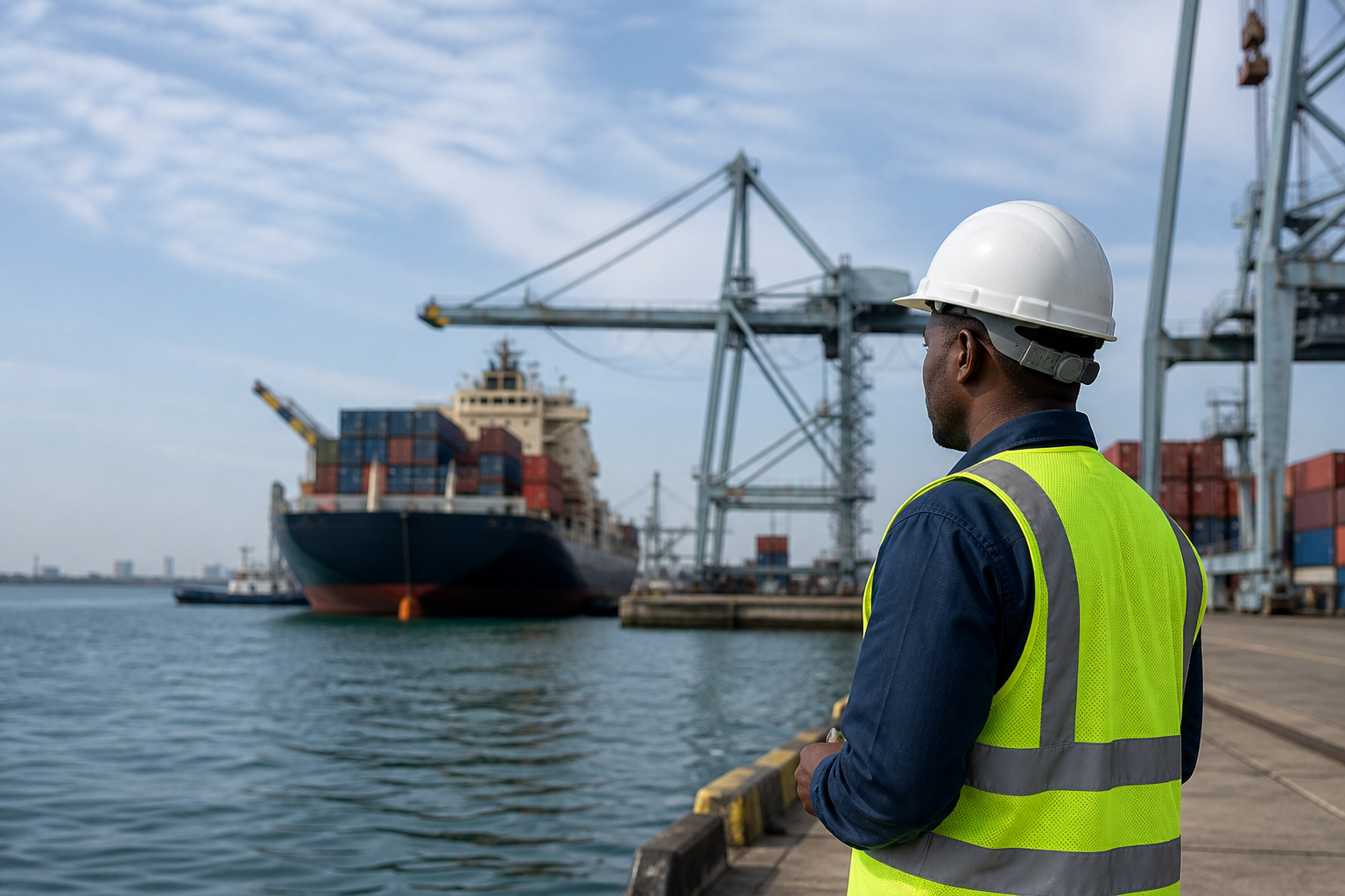 Profissional a observar a descarga de um navio no porto